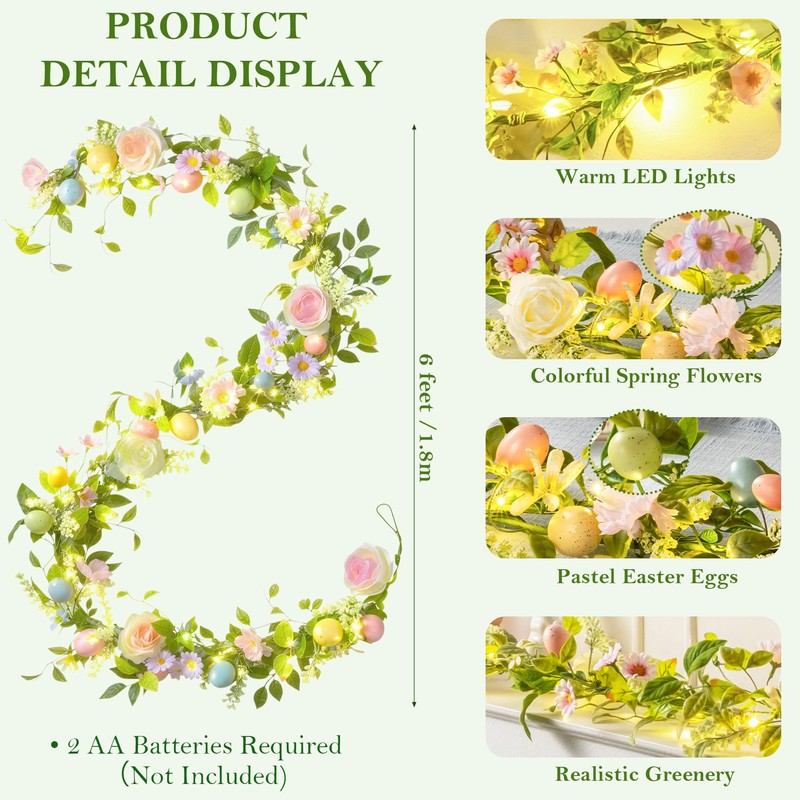 6 FT Lighted Easter Garland with Eggs & Flowers, Artificial