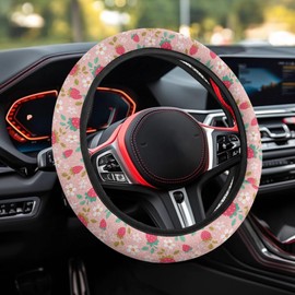 Quelytytrip Strawberry Floral Print Car Steering Wheel Cover Women Universal 15 inch,Washable