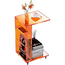 Clear Acrylic Side Table on Lockable Wheels, C Shaped End Table for Sofa, Small Coffee Tables for Small Spaces (Orange)