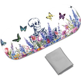 CREATCABIN Glasses Case Skull Flower Motif Hard Case Leather Sunglasses Case Holder Portable Glasses Case Clamshell Protective Case with Cleaning Cloth for Women Men Travel 16.2 x 6.4 x 3.9 cm