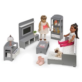 Badger Basket Media Room Furniture Set for 18-Inch Dolls – Sectional Sofa, Entertainment Center, Shelves, and Storage Baskets