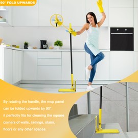 NEWE Dust Mop with Unique 90° Foldable Panel, 52 inches Long Handle Wet Dry Flat Floor Duster Broom with 2 Microfiber and 2 Chenille Pads for Hardwood, Stairs, Vinyl, Tile, Laminate (Yellow)