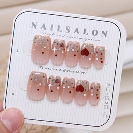 24Pcs Heart Press on Nails Short Square Valentines Nails Press ons Fake Nails with Red Green White Dots Sparkly False Nails Tips Glitters Glossy Acrylic Nails Glue on Nails for Women Manicure Decor