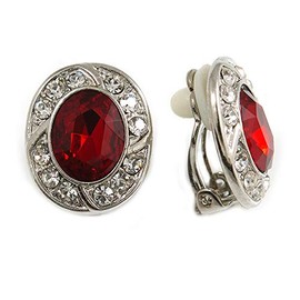 Ruby Red/Clear Crystal Oval Clip On Earrings In Silver Tone - 17mm Tall