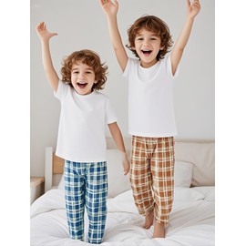LOLPIP Boys Pyjamas 4-Piece Set Kids Clothing Stretch Ribbed Cotton Sleepwear White Top Checked Pants Sleepwear 3-11 Years, Checked red brown blue 4pcs