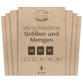 Wood Lab 10 x A5 Birch Plywood Sheets 3 mm (± 0.5 mm) 21 x 14.8 cm A5 | Plywood Board for Painting Crafts, Trahole, CNC, Laser, for Decorating, Decoupage, Engraving (10)