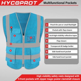 HYCOPROT High Visibility Mesh Safety Reflective Vest with Pockets and Zipper, Meets ANSI/ISEA Standards (Sky Blue, Large)