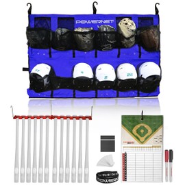 PowerNet On Deck Team Bundle, Dugout Organizer for Baseball & Softball, Team Equipment Organizer, Hanging Baseball Glove & Helmet Holder, Fence Bat Rack, Dry Erase Magnetic Lineup Board (Blue)