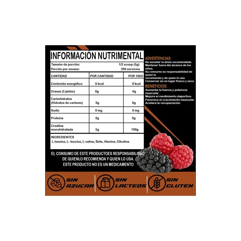 Creatina Monohidratada 1kg Klokan 200 Servicios Sabores