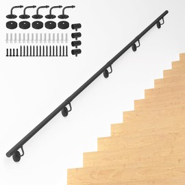 10FT Industrial Metal Stair Handrail,Round Pipe Stair Railing for Indoor/Outdoor Steps,Wall Mount Support Staircase Handrails,440LBS Load Capacity Hand Rails,Safety Grab Bar Porch Stairway Railing
