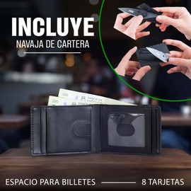 Cartera para Caballero Minimalista | Abertura para Billetes | 8 Tarjetas y Monedero con Zipper | Microfibra de Carbono Resistente | Protección RFID | Incluye Navaja de Cartera (Negro)