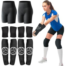Poen 10 Pcs Volleyball Accessories, Volleyball Shorts Knee Pads and Arm Sleeves with Protection Pad Spandex Shorts for Women Youth Girls Training Danc
