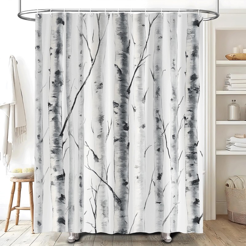 Birch Trees Shower Curtain Abstract Watercolour Gray White Mottled Trunk