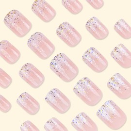 Glitter White French Tip Press on Nails 24pcs Short Square Pink Fake Nails with Glitter Design Glue on Nails Gradient False Nails Supplies Full Cover Glossy Acrylic Nails