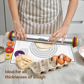Olforce Stainless Steel Rolling Pin with Removable Thickness Rings for Baking Fondant, Pizza, Cookie, Bread, Pie Crusts,Roller Rod for Dough Thickness, 13.6" with 4 Multicolored Thickness Rings
