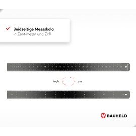 BAUHELD® Metal Ruler 300 mm [EG-1] - Scale with Measuring Scale in INCH and CM [Made in Germany] - Robust Marking Ruler Made of Anodised Aluminium - 30 cm with Practical Hanging Hole - Black