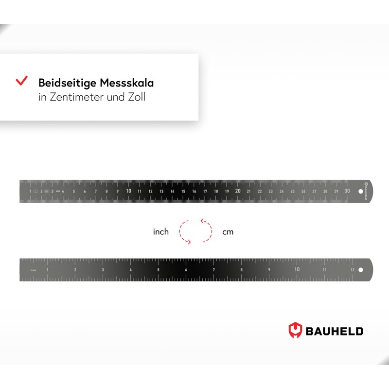 BAUHELD® Metal Ruler 300 mm [EG-1] - Scale with Measuring