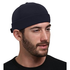 Buywis Mens Quick Dry Docker Cap Brimless Beanie Hats Rolled Cuff Retro Sailor Hat Navy Blue