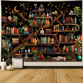 Maccyafst Bookshelf Tapestry Aesthetic Bookcase Wall Tapestries Vintage Botanical Plants Tapestry Wall Hanging Fantasy Book Decor Retro Library Background for Bedroom