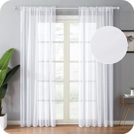 Topfinel Voile Curtains with Drawstring in Linen Look Transparent for Living Room Bedroom Window Plain Curtains White Set of 2 Each 140 x 260 cm (W x H)