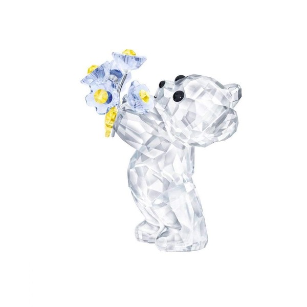 Swarovski Kris Bear - Do Not Forget Me in Shiny Crystal Swarovski with Blue and Yellow Flowers
