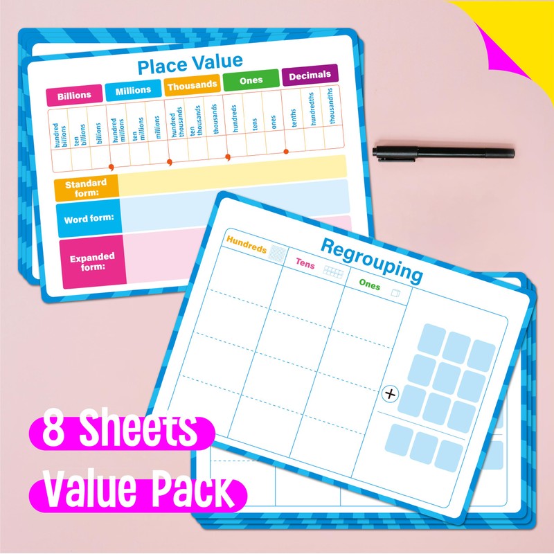 8 Packs Place Value Whiteboards, Double Sided Dry Erase Board