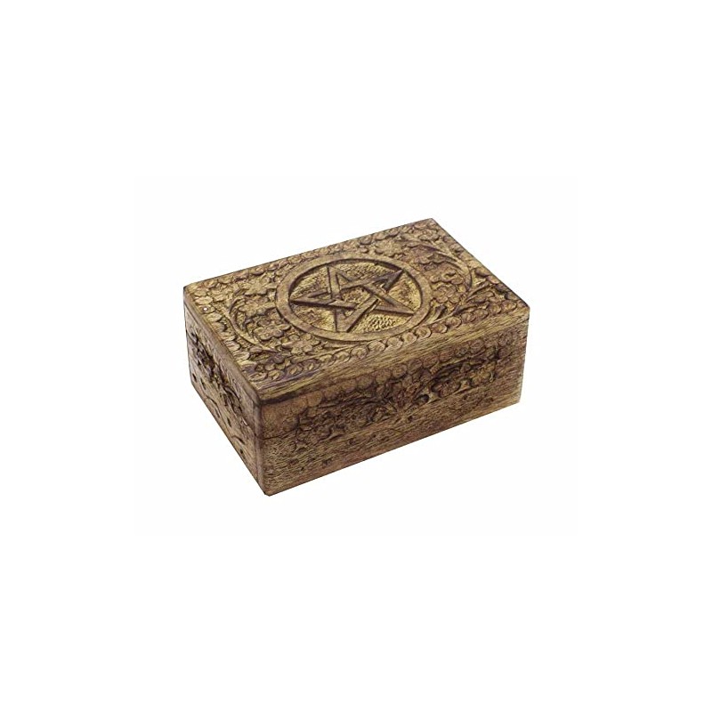 Wooden Carved Pentagram Box With Floral Design Top 6X4 Inch