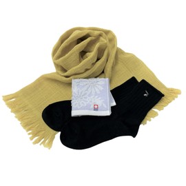 Imabari Stole and Shodoshima Olive Socks Gift with Imabari Mini Towel (Mimosa (Yellow) Stole and Black Socks), Mimosa (yellow) stole and black socks