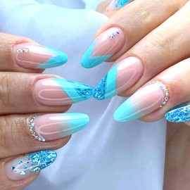 SINHOT Medium Almond Press on Nails French Tip Stiletto Fake Nails Glossy Glue on Nails Blue Gradient Acrylic Nails Glitter Artificial Nails Rhinestones Stick on False Nails with Design 24 pcs