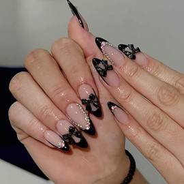 24Pcs Black French Tip Press on Nails Almond Medium Fake Nails with Glitter Rhinestones Nails Tips False Nails Cute Artificial Glue on Nails Bow Charms Stiletto Stick on Acrylic Nails for French Nails