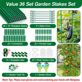 Qinzave 123PCS Garden Stakes Set with 36PCS 16 Inch Fiberglass Plant Sticks and Stake Arms, DIY 4ft 5ft 6ft 7ft 8ft Tomato Stakes, Garden Stakes for Vegetables Tomato Pepper Indoor Outdoor Plants