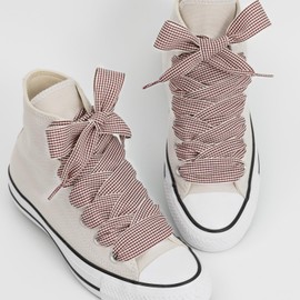 Puzeam 2 Pairs Fancy Ribbon Shoe Laces for Sneakers 1" Wide Flat Checkered Shoelaces for Boots Gingham Lace shoelaces for Women (H-Beige and Brown, 55 Inches)