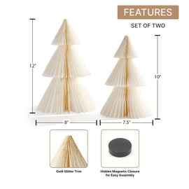 LampLust Paper Christmas Tree Decor - Set of 2 Honeycomb Trees, 10 Inch and 12 Inch, Vintage Style Holiday Decoration in Neutral White and Gold, Indoor Table Centerpiece or Modern Mantel Decorations