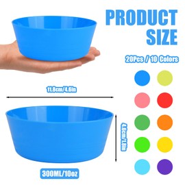 RETON 20Pcs Reusable Plastic Bowls, 300ML/10oz Multi Coloured Plastic Serving Bowls, Unbreakable Kids Toddler Bowls, Small Bowl for Snack Salad Fruit Breakfast Cereal Soup(10 Colors)
