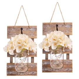 HOMKO Mason Jar Wall Decor with LED Fairy Lights and Flowers - Farmhouse Home Decor (Set of 2)