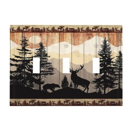 Jungle Forest Woodland Bear Deer Elk 3 Gang Jumbo Size Light Switch Plate Decorative Triple Toggle Wall Plate Cover Electrical Faceplate Switch Face Plate