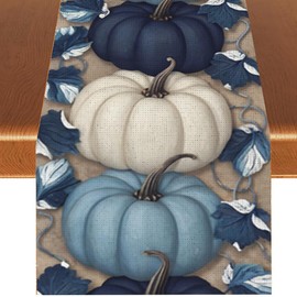 Blue and White Table Runner Fall Thanksgiving Vintage Pumpkin Maple Leaf Decorative Runners for Farmhouse Kitchen Dining Indoor Home Party
