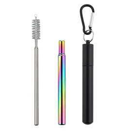 Reusable Drinking Straw Stainless Steel Collapsible Straws with Case and Cleaning Brush Portable Metal Telescopic Drinking Straw Food Grade Metal Straws Drinking for Home Travel - Rainbow
