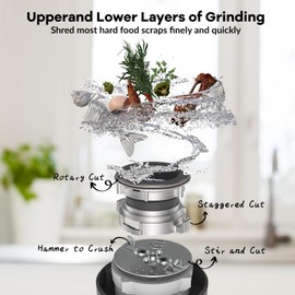 3/4HP Garbage Disposal for Kitchen Sink, Continuous Feed Food Waste Garbage Disposal, Quiet Food Waste Grinder Garbage Disposer with Air Switch Kit and Flg Sink Seal, Grey