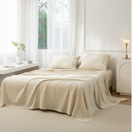 JIYUAN 100% Washed Cotton Sheet Set 4PCS Comfy Simple Style Soft Breathable Textured Durable Linen Feel Bedding for All Seasons King Size, Beige