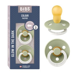 BIBS Chupones Colour Pack de 2, Brillan en la oscuridad, Tetina redonda de látex natural, Talle 2, Color Sage GLOW/Vanilla GLOW, 6 a 18 meses, Hecho en Dinamarca