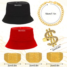 80s 90s Accessories Hip Hop Costume Outfit Kit Sunglass Hat Gold Chain Money Sign Necklace Ring Rapper Accessory