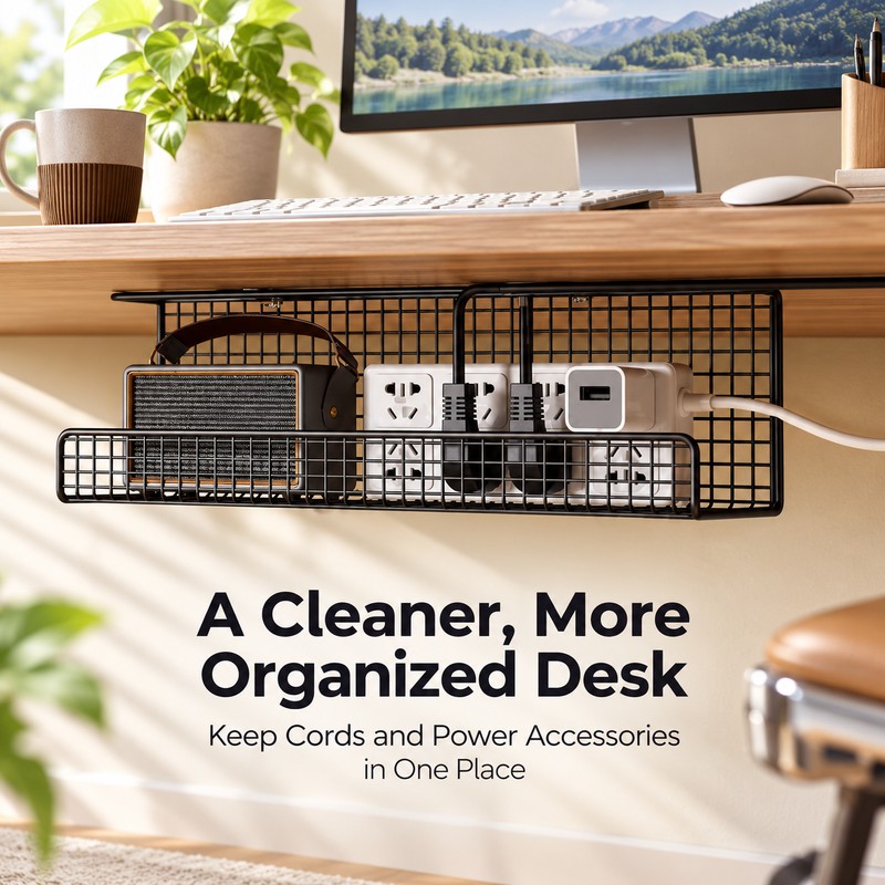 Under-Desk Cable Management Tray for Cord & Power Strip Storage