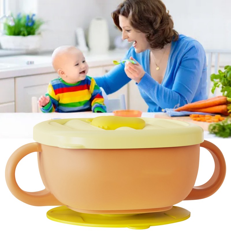Toddler Suction Cup Bowls with Lids Prevent Falling Stainless Steel