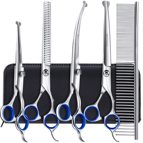 Gimars Professional 6 in 1 Dog Grooming Scissors 4CR Stainless Steel with Safety Round Tip, Heavy Duty Titanium Coated Pet Grooming Scissor for Dogs, Cats and Other Animals