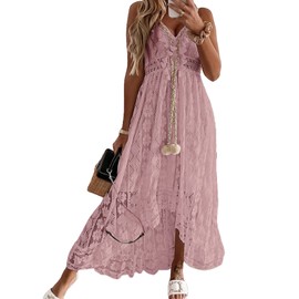 CUPSHE Women's Summer Dresses Sleeveless Lace Casual Tassel Beach Spaghetti Straps Flowy Maxi Sun Dress Pink, S