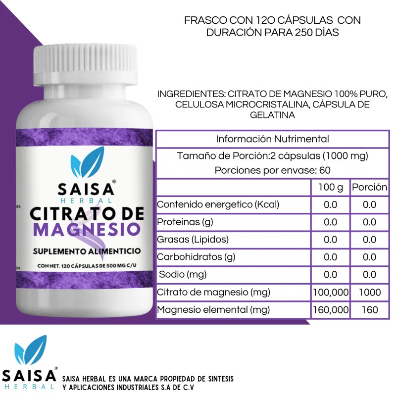 Citrato De Magnesio 240 Cpsulas Saisa Herbal Suplemento Alimenticio Calidad