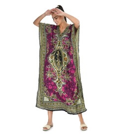 spurbayfashions Women's Kaftan - Gamla Print Tunic Kimono Long Maxi Dress for Loungewear, Holidays, Nightwear, Beach, and Everyday Cover Up