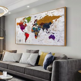 Framed wall art World Map Wall Art Canvas Picture 20inx40in Large Antiqued Map of The World Canvas Painting Artwork Prints for Office Wall Decor Home Living Room Decorations Framed Ready to Hang