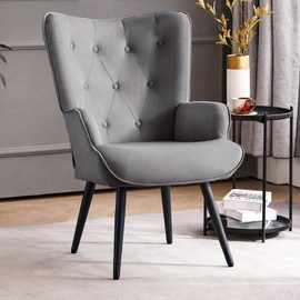 Furniliving Modern Accent Chair, Velvet Tufted Button Wingback Chair Upholstered Side Armchair Comfy Lounge Chair with Tapered Legs Sofa Leisure Chair for Home Office/Living Room/Bedroom, Grey